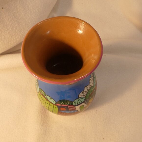 Couumel Island Mexico Brightly Colored Painted Vase Village Scene Hand Crafted - Picture 6 of 9